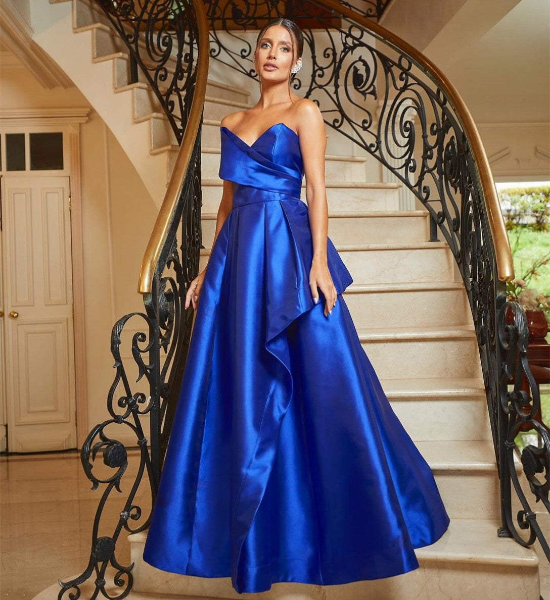 Vintage Long Royal Blue Satin Prom Dresses With Pockets Mermaid Pleated V-Neck Floor Length Evening Dress for Women