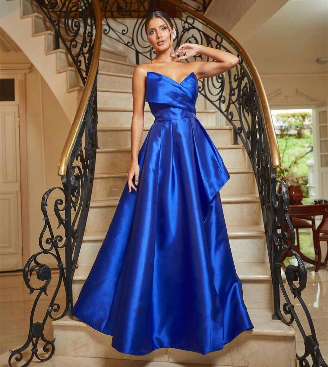 Vintage Long Royal Blue Satin Prom Dresses With Pockets Mermaid Pleated V-Neck Floor Length Evening Dress for Women