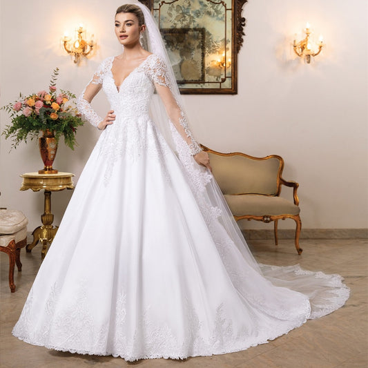 Elegant Long Sleeves V-Neck Lace Wedding Dresses A-Line Satin See Through Back Bridal Gowns for Women