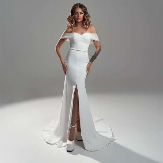 Elegant Long Off Shoulder Crepe Wedding Dresses With Slit Mermaid Sleeveless Sweep Train Tulle Bridal Gowns for Women