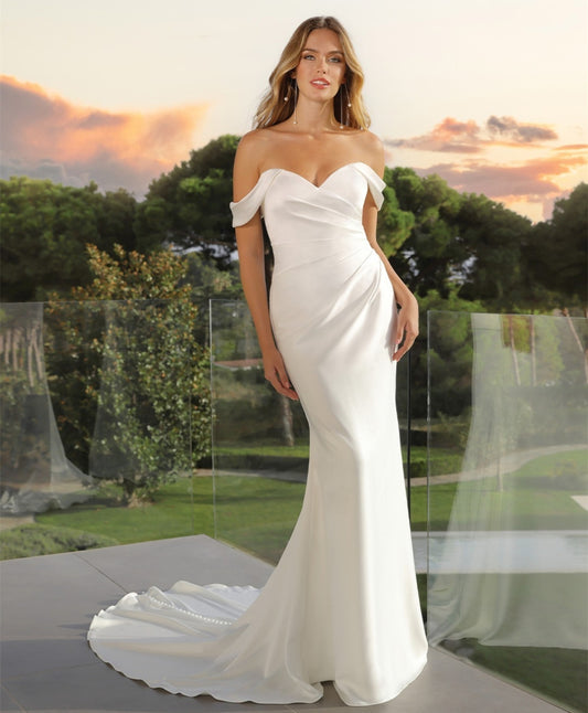 Elegant Long Off Shoulder Crepe Wedding Dresses Mermaid Pleated Sweep Train Buttons Back Bridal Gowns for Women