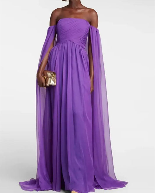 Elegant Long Strapless Purple Evening Dresses With Cape A-Line Tulle Floor Length Prom Dress for Women