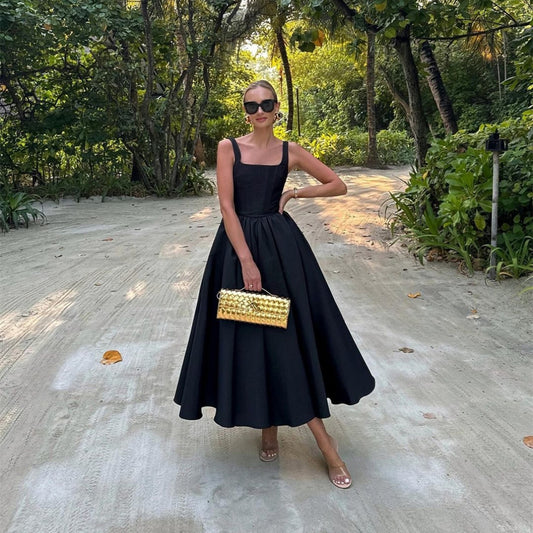 Elegant Short Black Satin Evening Dresses With Pockets A-Line Square Collar Tea Length Prom Dresses for Women