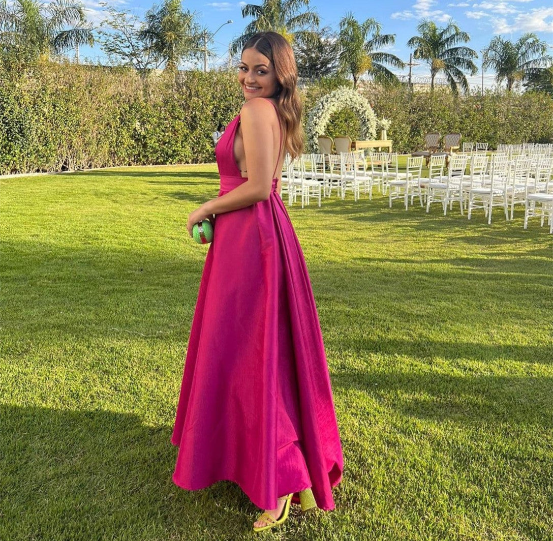 Elegant Long Satin Fuchsia Prom Dresses With Pockets A-Line V-Neck Pleated Evening Dresses for Women