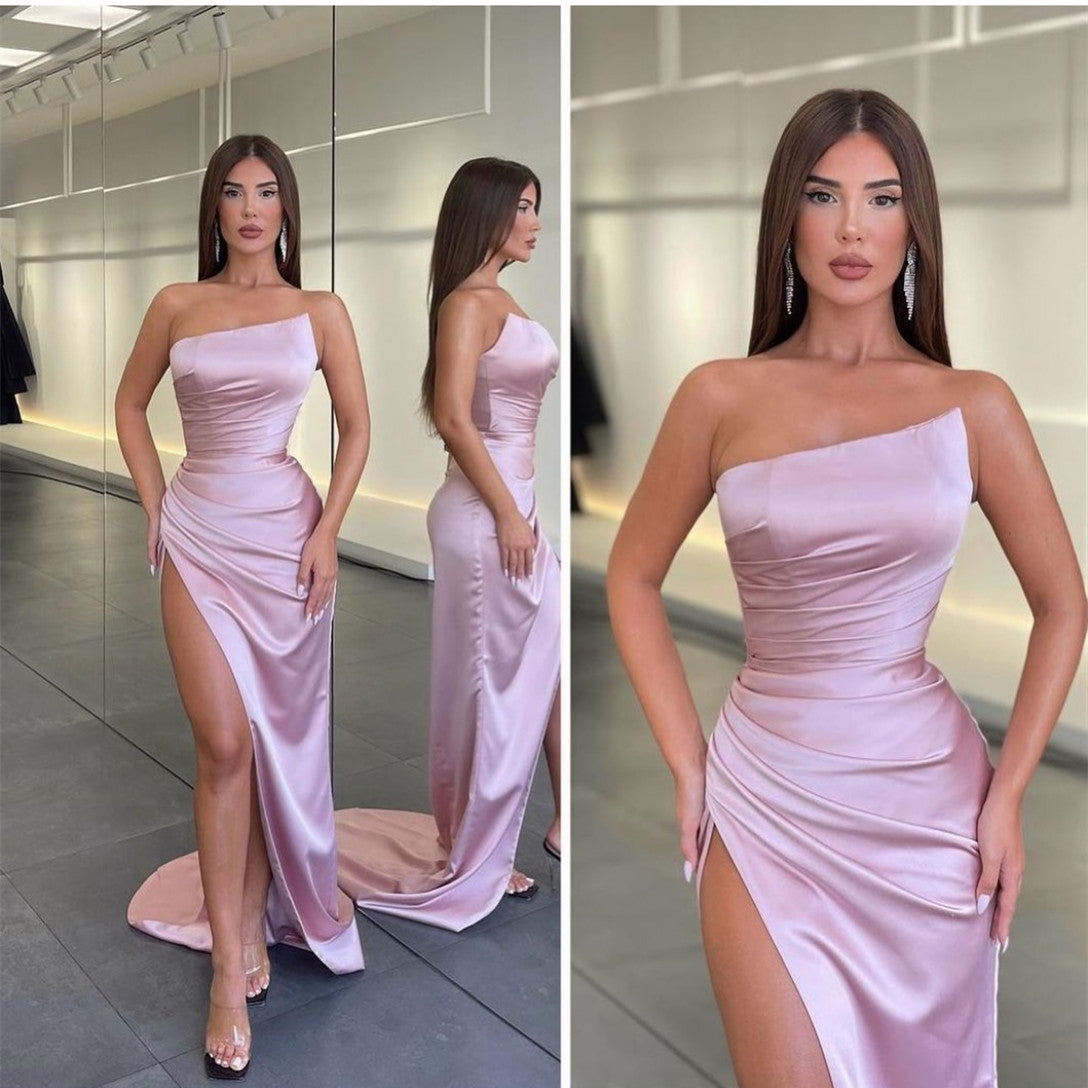 Sexy Long Pink Satin Prom Dresses Mermaid One Shoulder Evening Dresses With Slit for Women