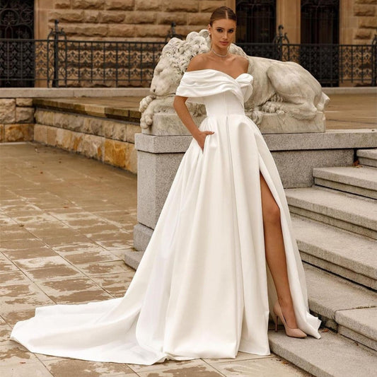 Classy Long Off Shoulder Pleated Wedding Dresses With Slit/Pockets A-Line Satin Sweep Train Bridal Gowns for Women