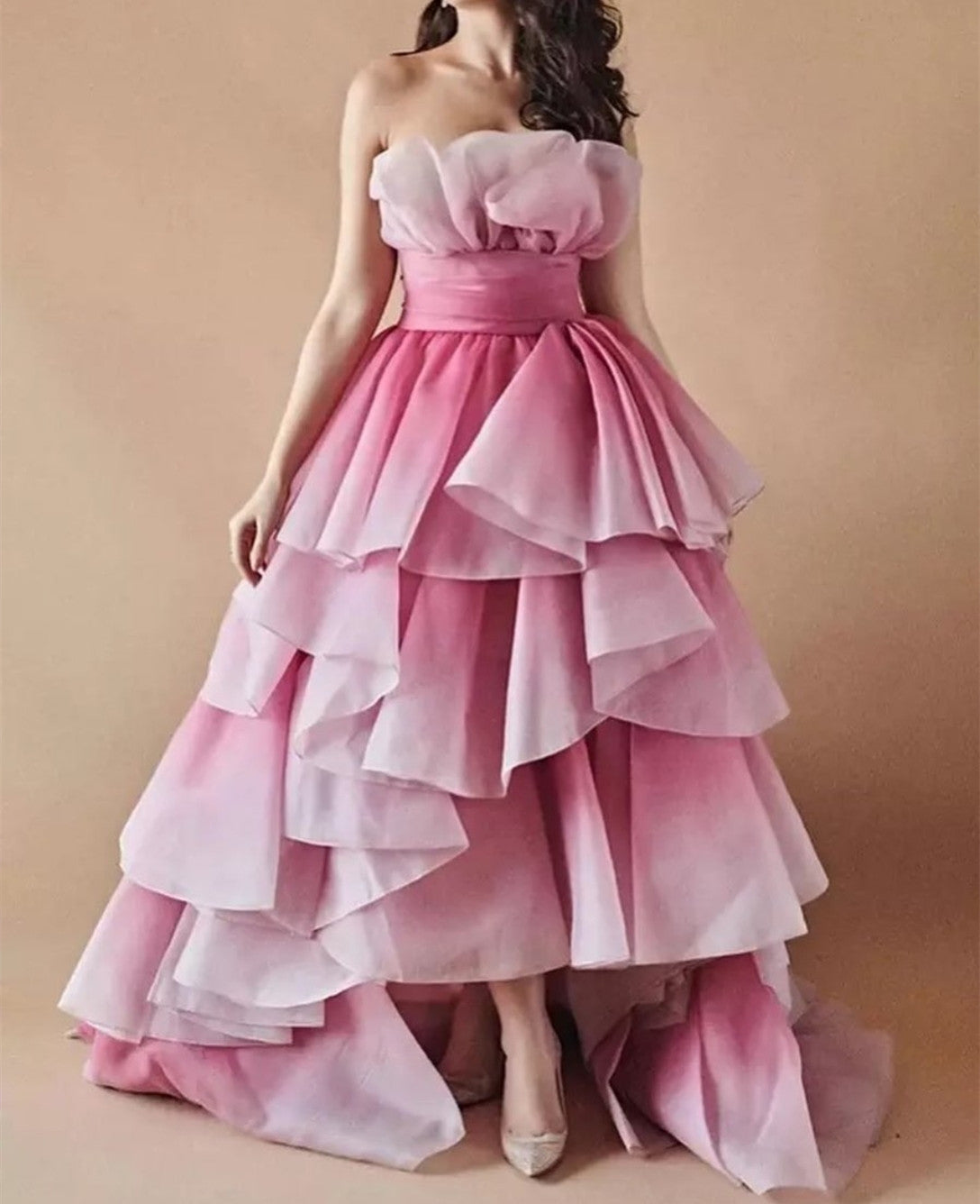Vintage Hi-lo Organza Pink Evening Dresses Long A Line فساتين سهرة Scalloped Formal Party Dress for Women