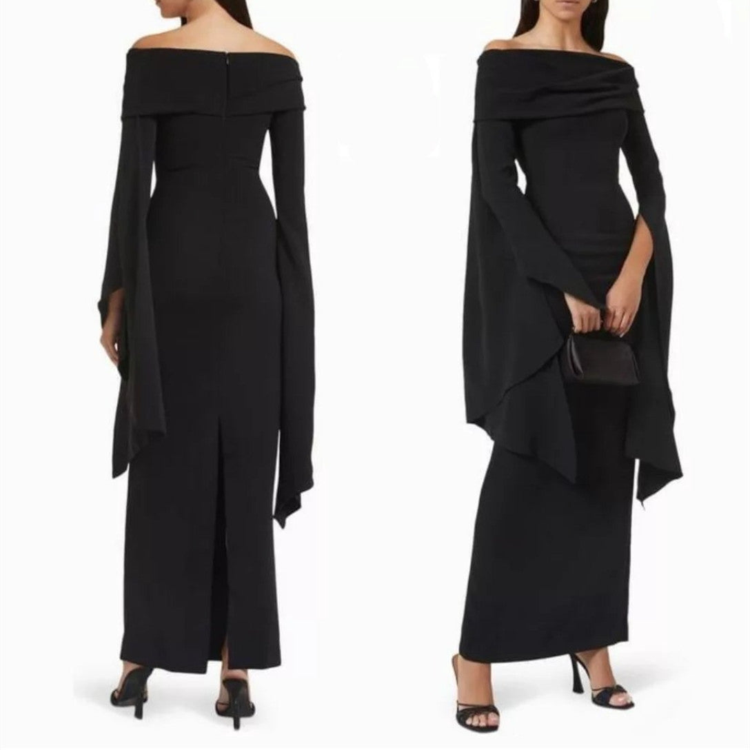 Classy Short Black Crepe Evening Dresses With Slit Sheath Bateau Neck Pleated Ankle Length فساتين السهرة Ramadan Eid Dresses