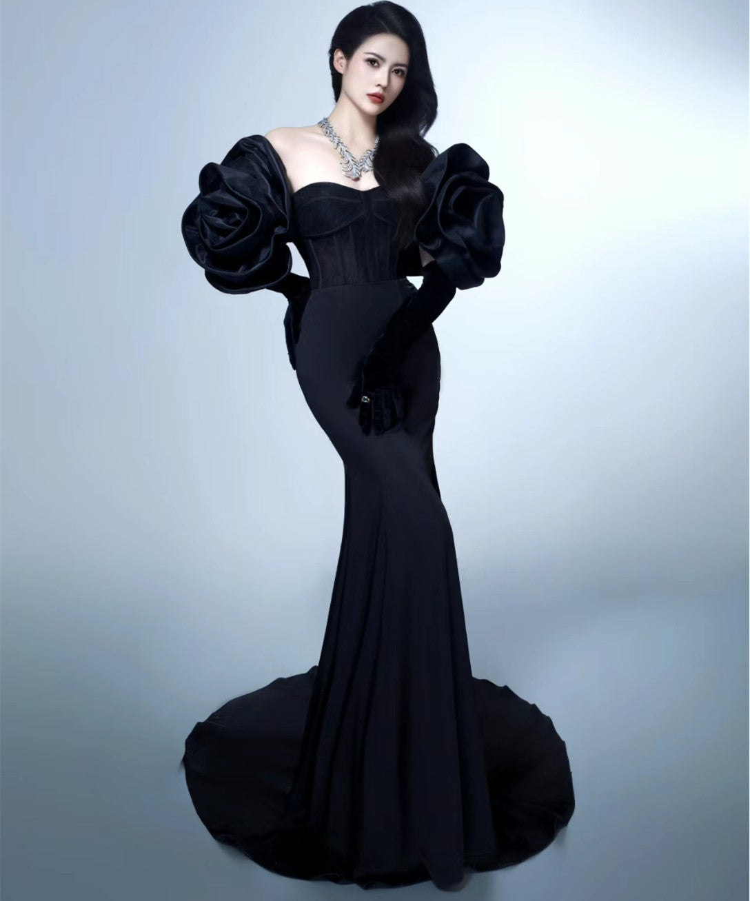 Vintage Long Sweetheart Crepe Evening Dresses Mermaid Black Sweep Train Prom Dresses for Women