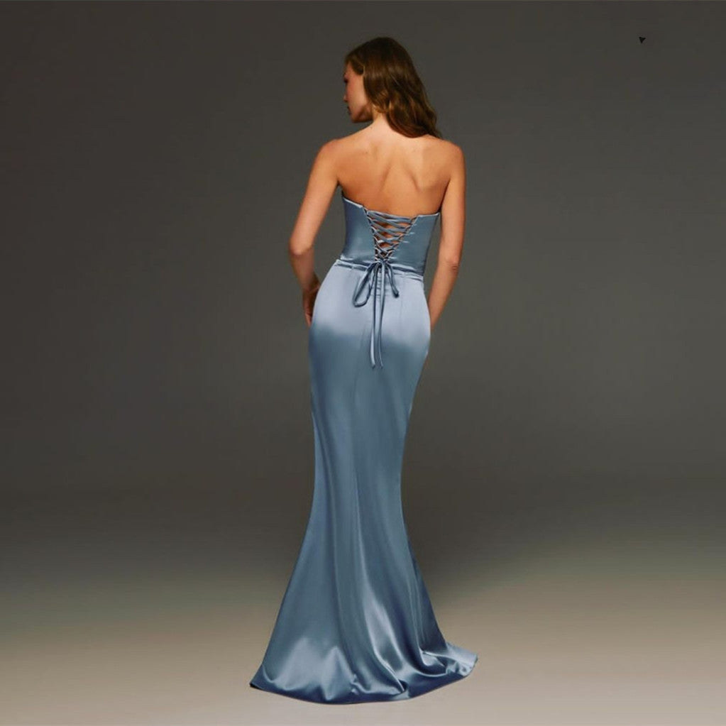 Sexy Long Blue Satin Prom Dresses With Slit Mermaid V-Neck Pleated Watteau Train فساتين السهرة Evening Dresses for Women