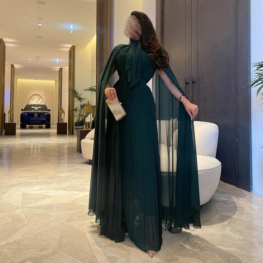 Classy Long Green Chiffon Evening Dresses With Cape A-Line High Neck Ruched Floor Length فساتين السهرة Ramadan Eid Dresses