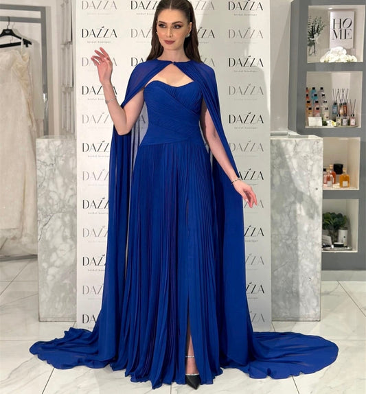 Elegant Long Strapless Chiffon Evening Dresses with Slit/Cape A-Line Pleated Floor Length فساتين سهرة Wedding Guest Dress for Women