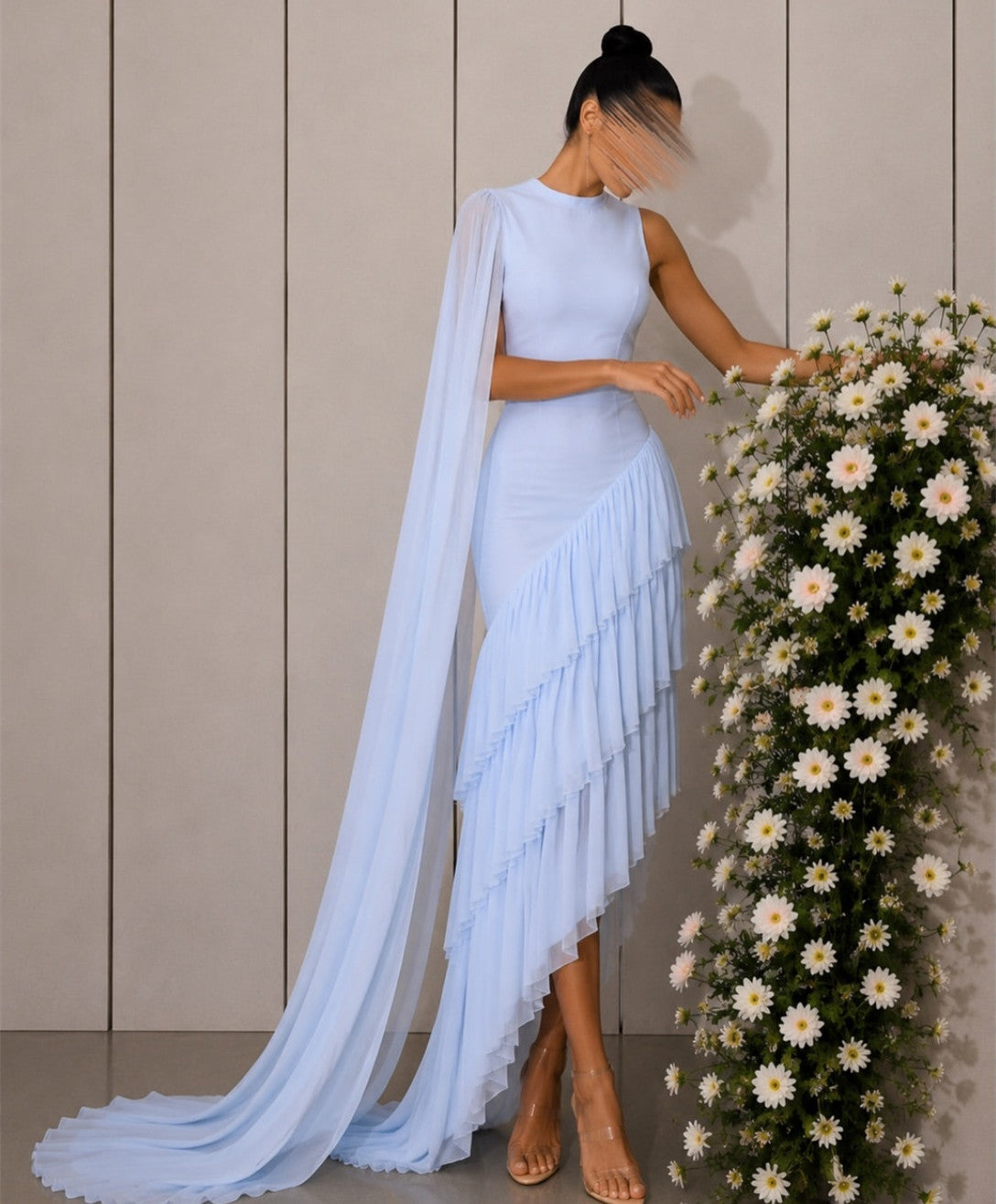 Elegant Short Chiffon Evening Dresses with Ruffles/Cape Mermaid O-Neck Pleated Watteau Train Party Prom Dresses for Women