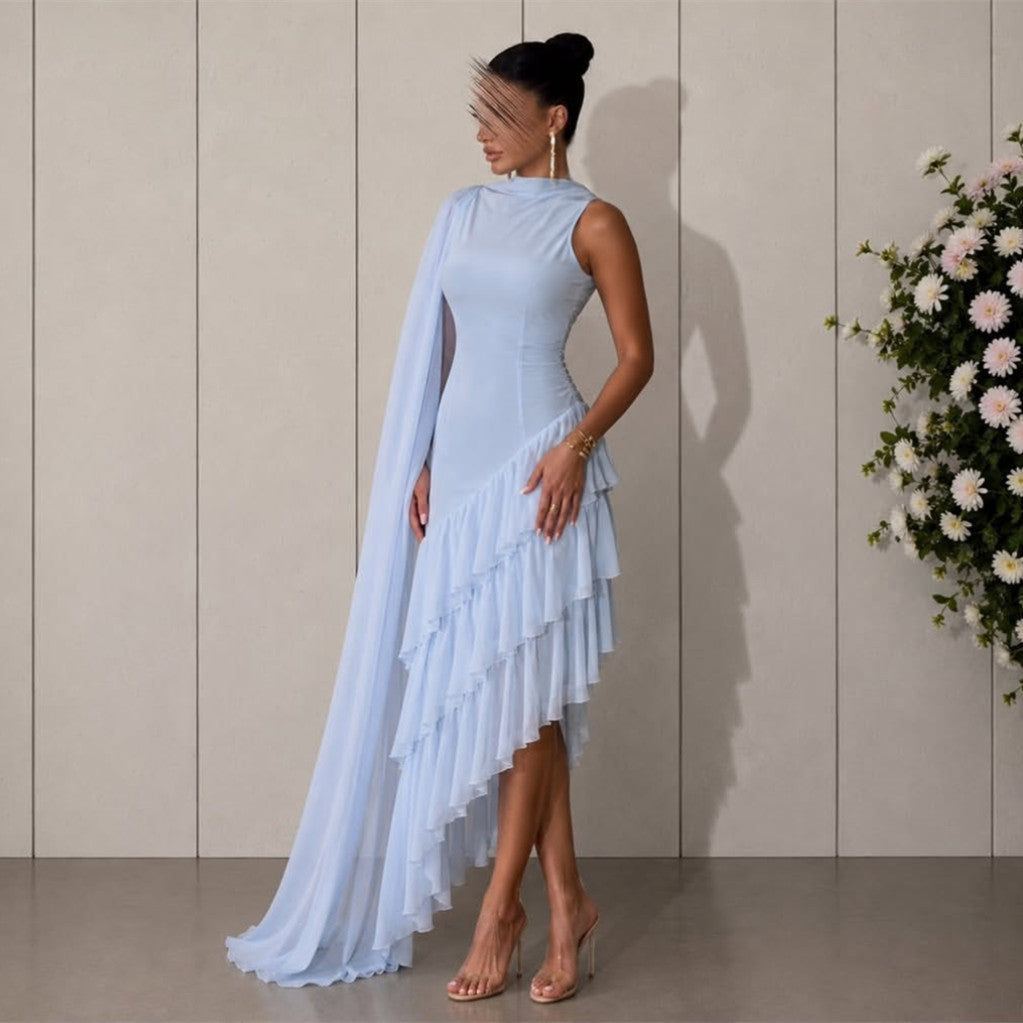 Elegant Short Chiffon Evening Dresses with Ruffles/Cape Mermaid O-Neck Pleated Watteau Train Party Prom Dresses for Women