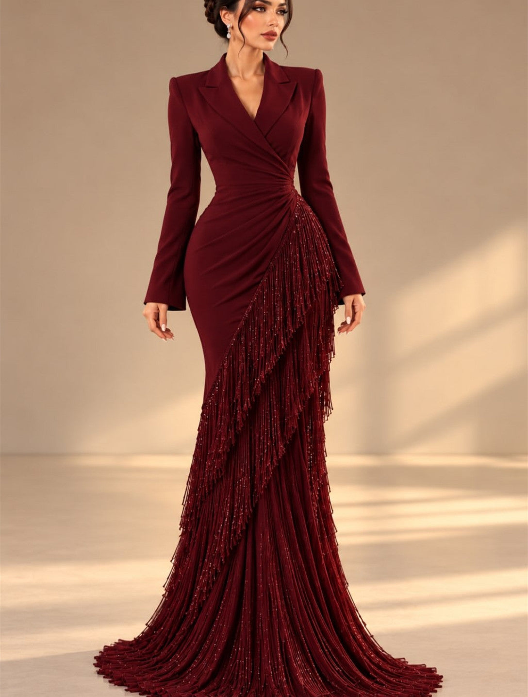 Vintage Long Sleeve Crepe Evening Dresses with Tassels Mermaid V-Neck Watteau Train Party Party Dresses for Women