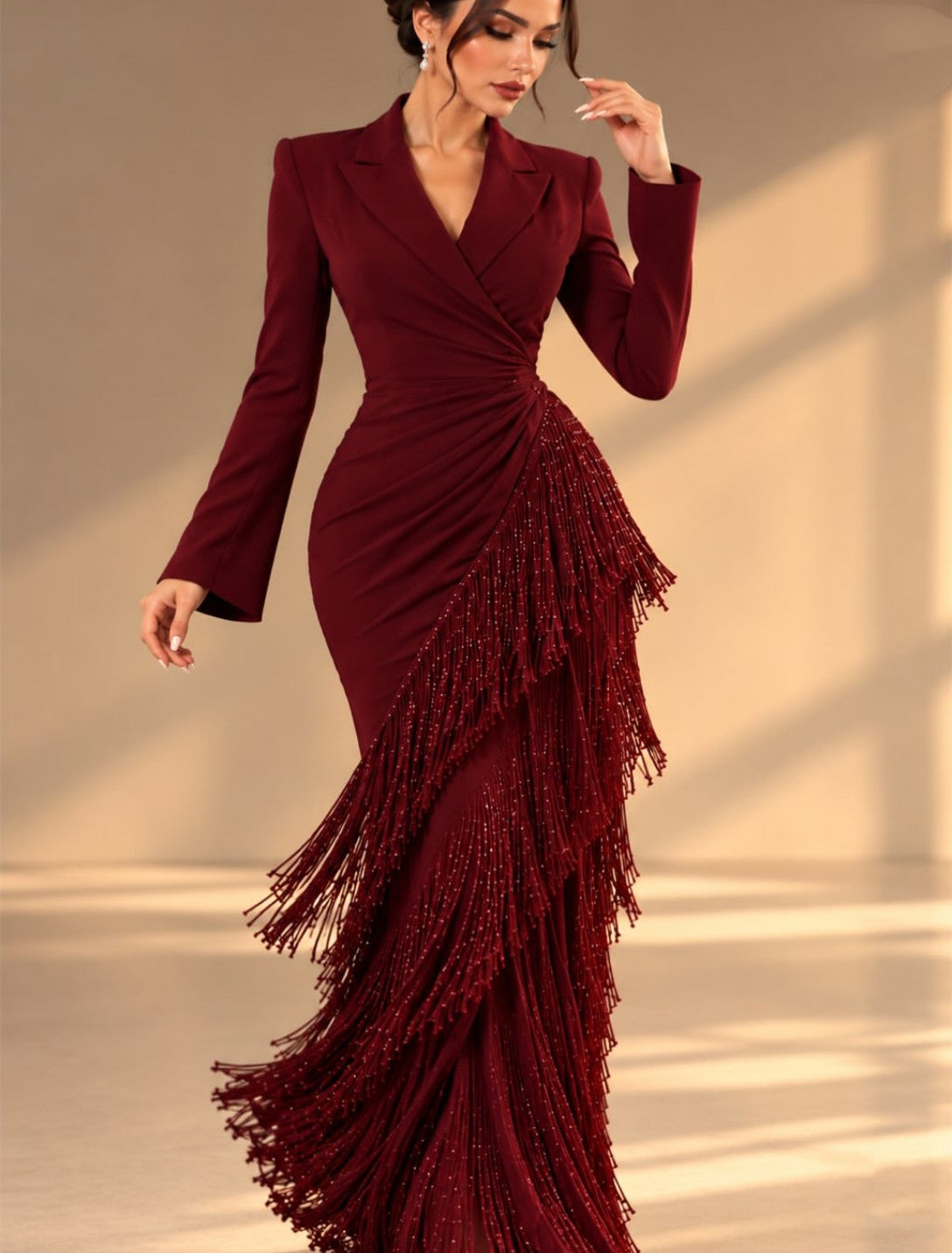 Vintage Long Sleeve Crepe Evening Dresses with Tassels Mermaid V-Neck Watteau Train Party Party Dresses for Women