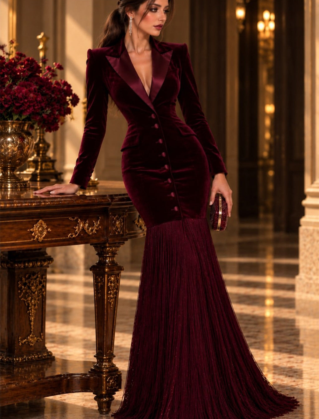 Vintage Long Velvet Evening Dresses with Tassels Mermaid Burgundy V-Neck Sweep Train Party Dresses for Women