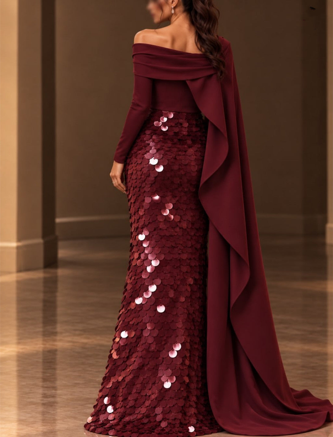 Vintage Long Sequined Evening Dresses with Cape Mermaid Burgundy Watteau Train Party Dresses for Women
