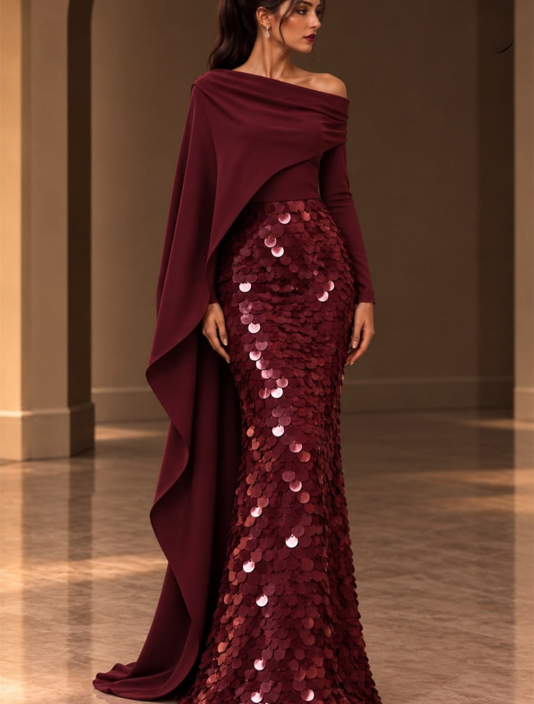 Vintage Long Sequined Evening Dresses with Cape Mermaid Burgundy Watteau Train Party Dresses for Women