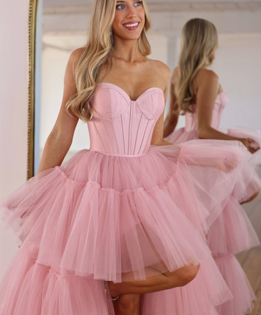Vintage Long Tulle Sweetheart Prom Dresses with Ruffles Hi-Lo Pink Sweep Train Lace Up Party Dresses for Women