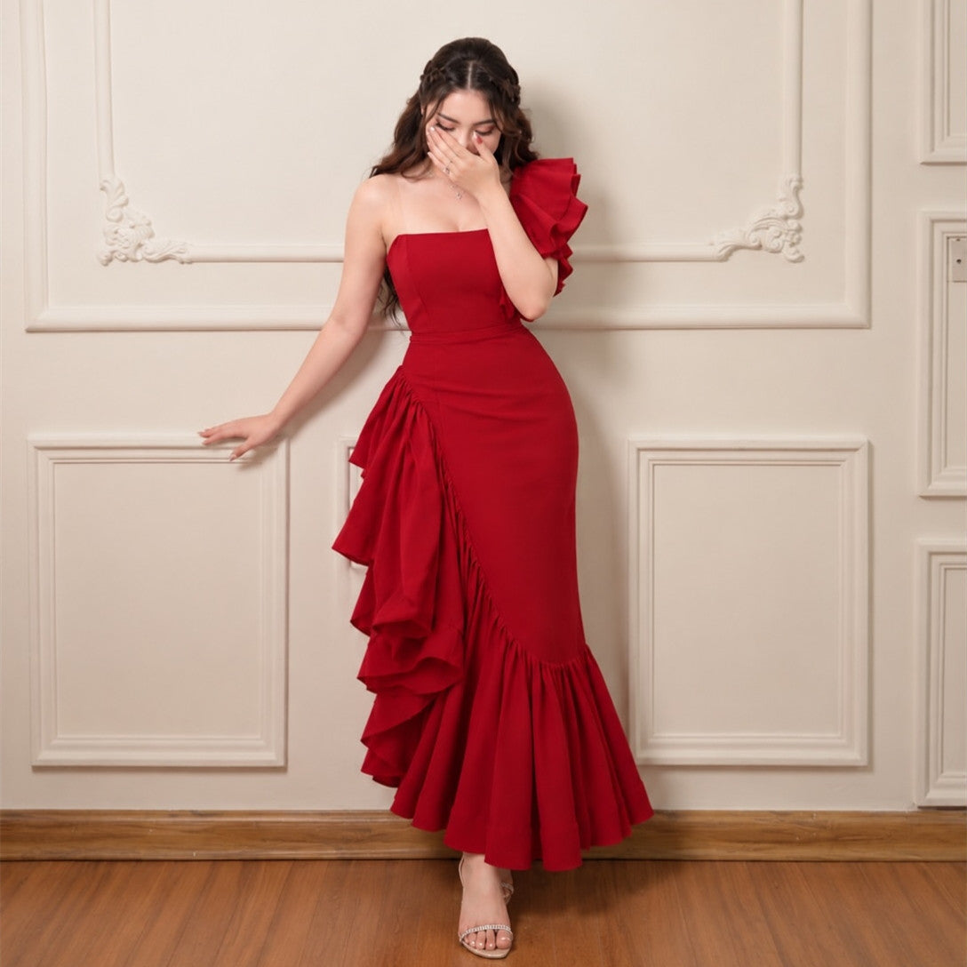 Vintage Short Crepe Evening Dresses with Ruffles Mermaid Red One Shoulder Party Party Dresses for Women