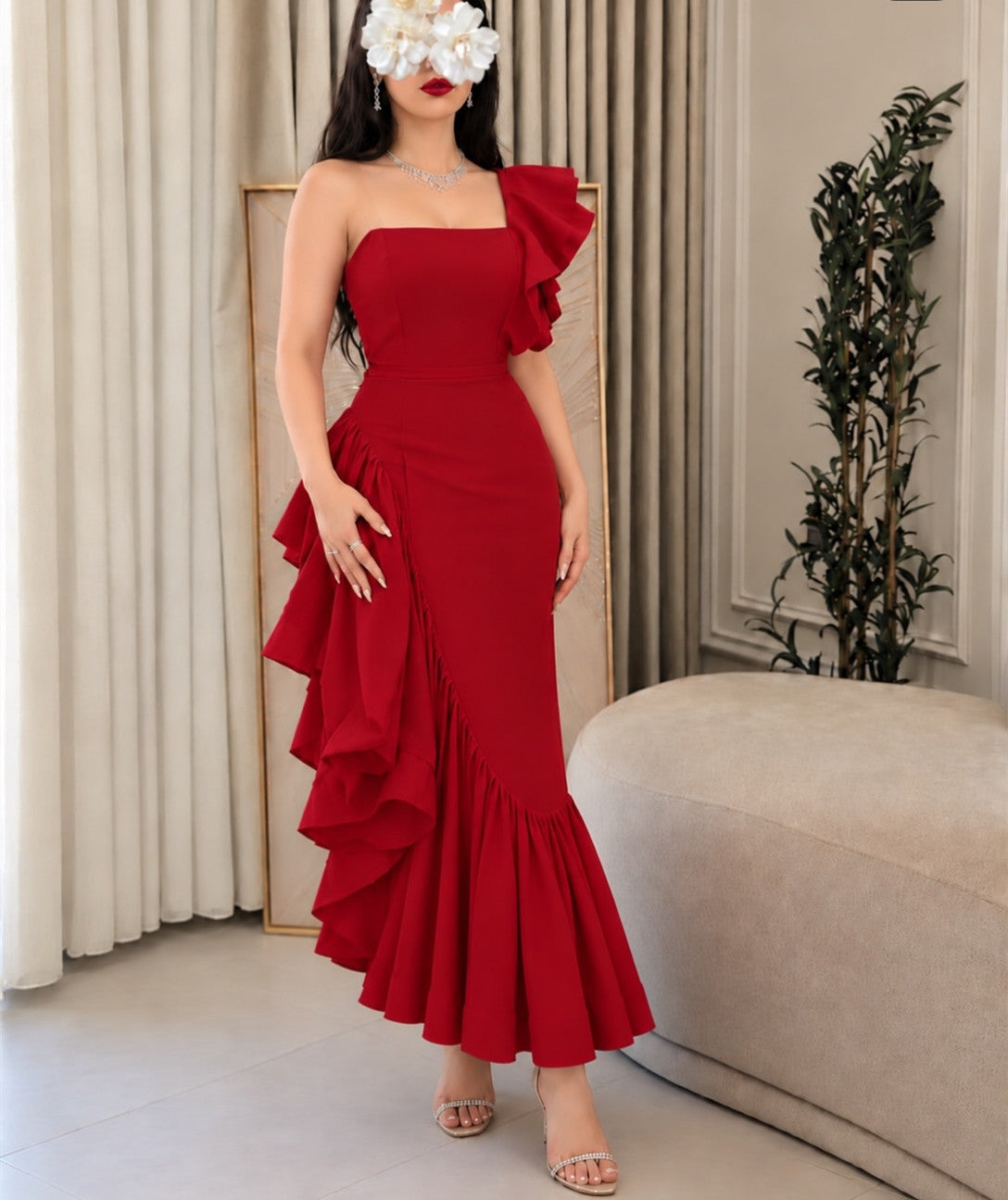 Vintage Short Crepe Evening Dresses with Ruffles Mermaid Red One Shoulder Party Party Dresses for Women