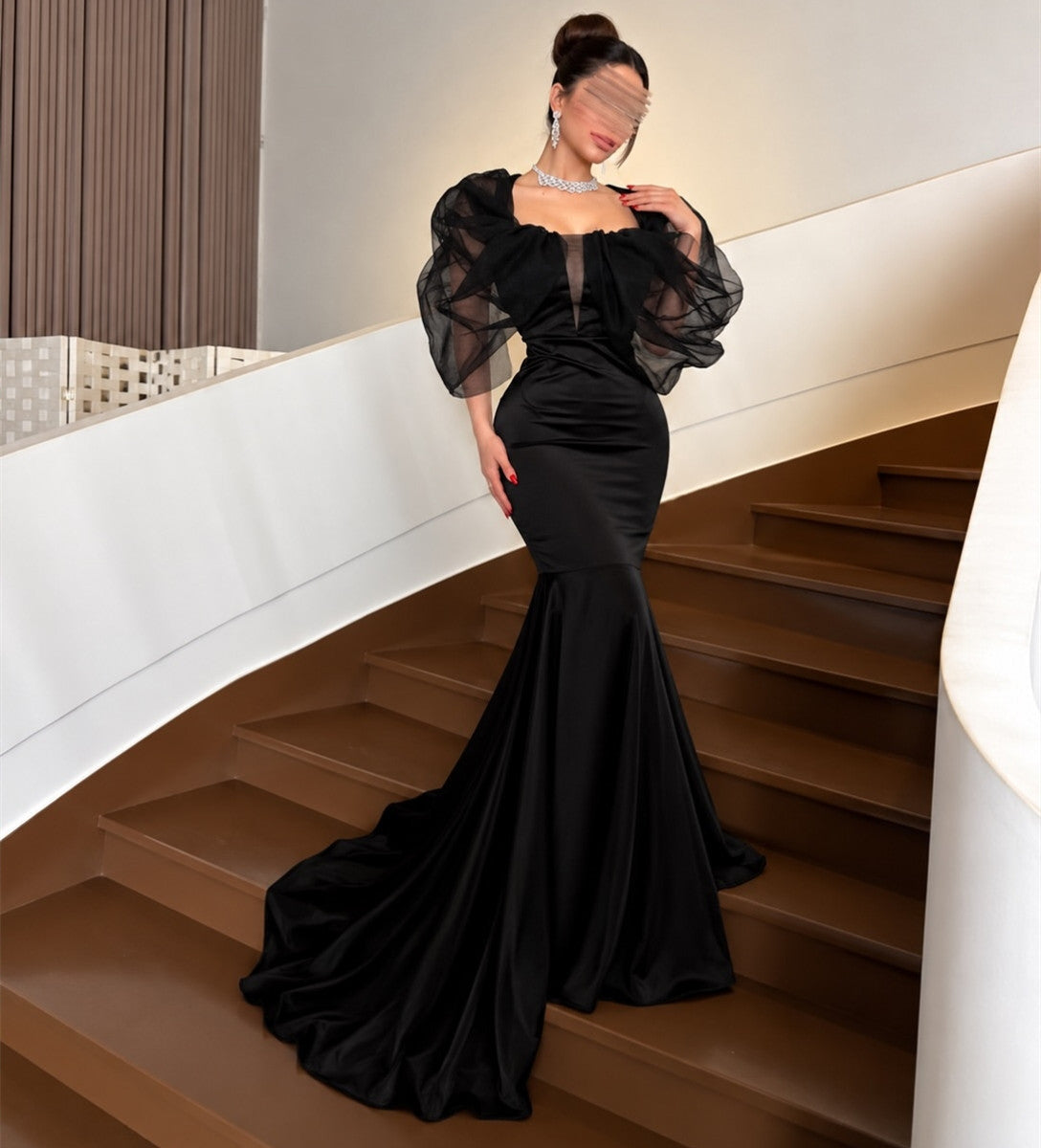 Vintage Long Crepe Evening Dresses Mermaid Black Sweep Train Party Dresses for Women