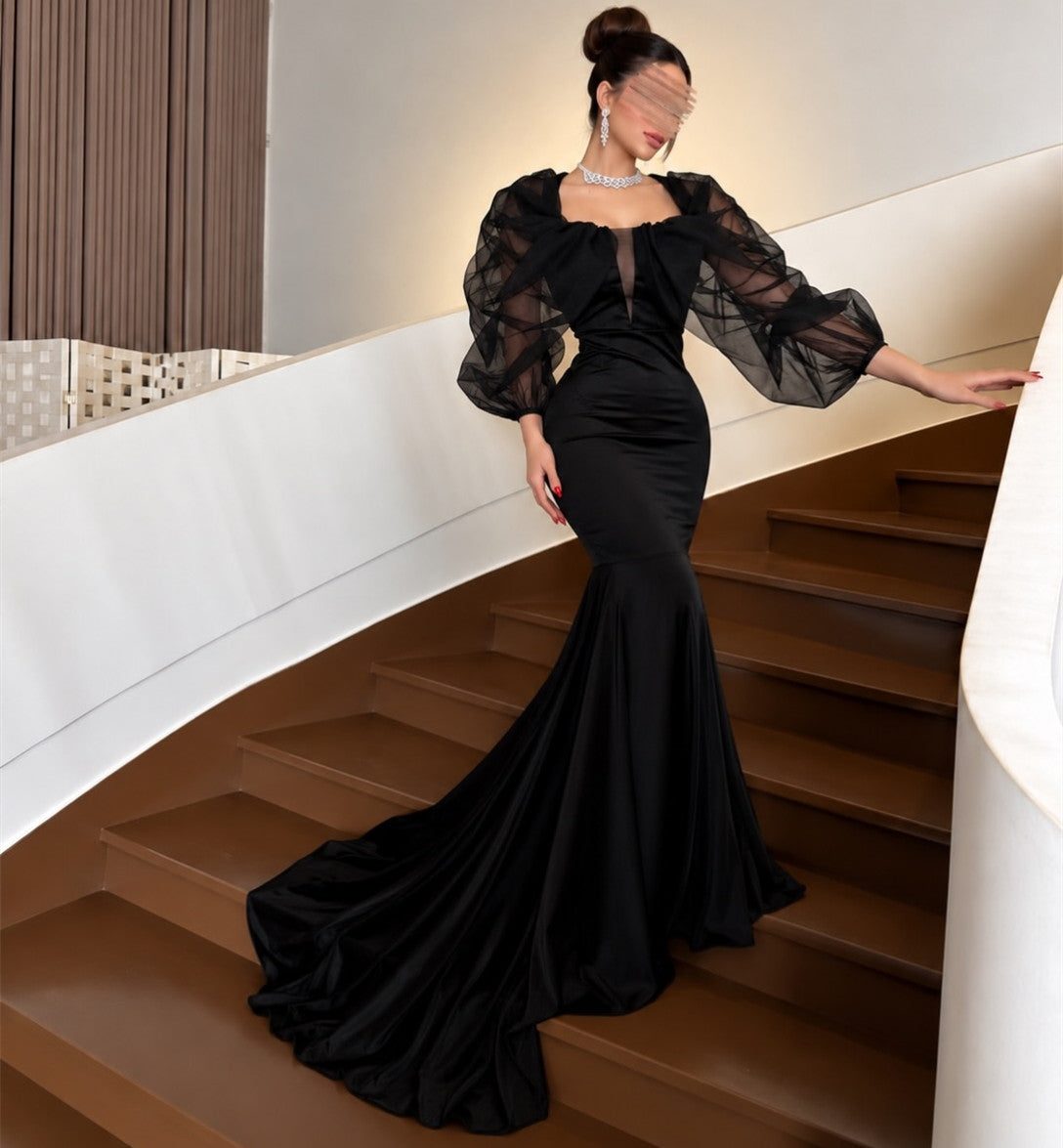 Vintage Long Crepe Evening Dresses Mermaid Black Sweep Train Party Dresses for Women