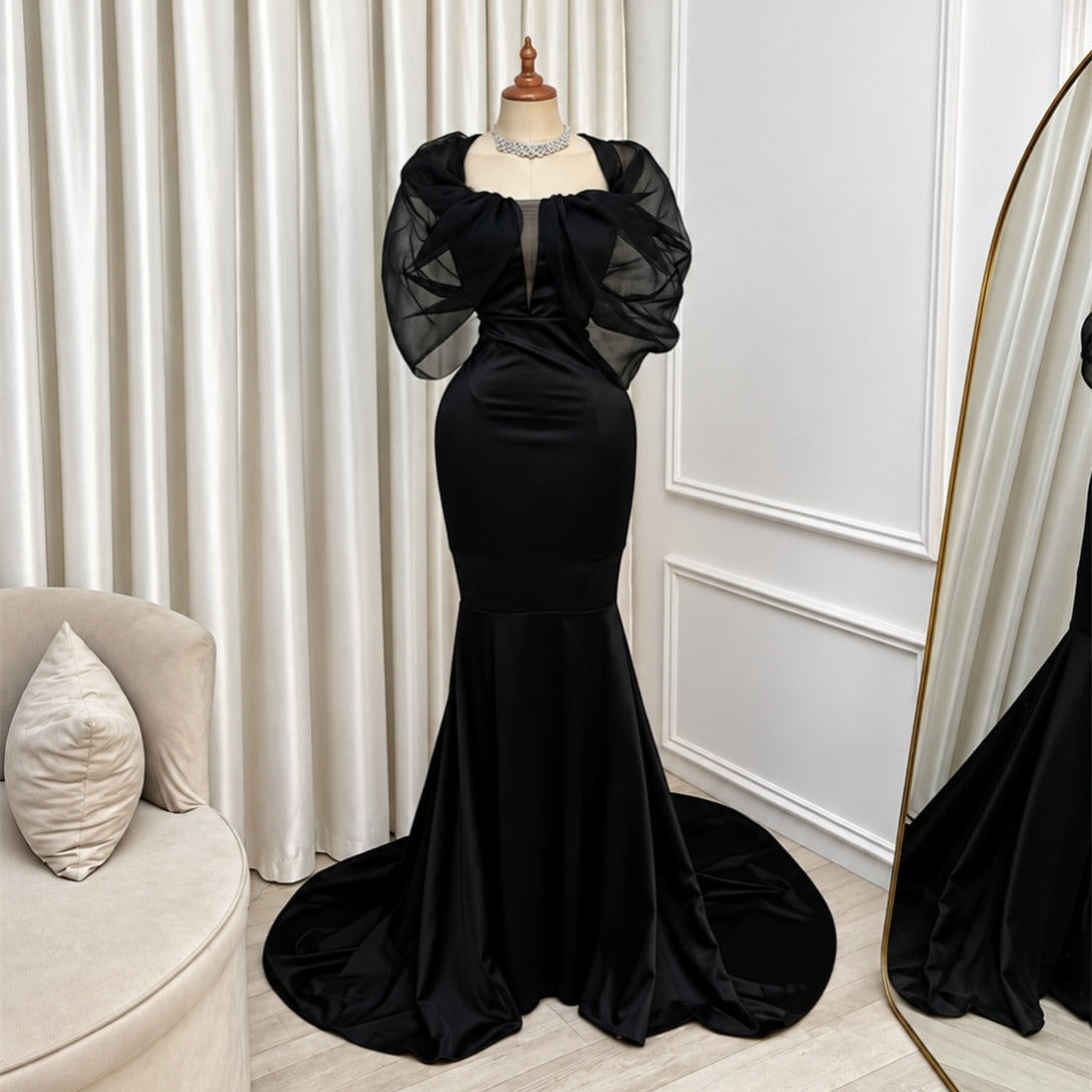 Vintage Long Crepe Evening Dresses Mermaid Black Sweep Train Party Dresses for Women