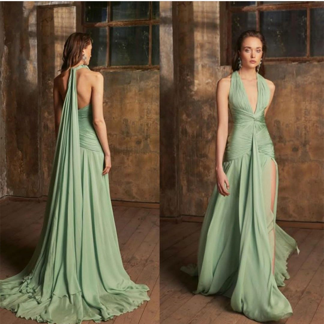 Sexy Long Chiffon Green Evening Dresses with Slit A-Line V-Neck Pleated Open Back Formal Party Gowns for Women