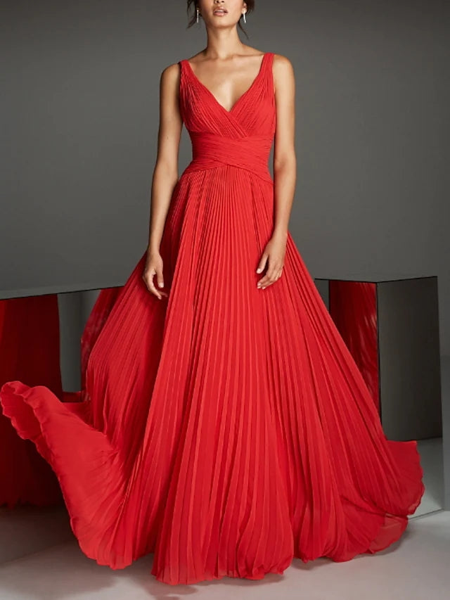 Elegant Long Red Chiffon Evening Dresses A-Line Pleated V-Neck Floor Length Prom Dresses for Women