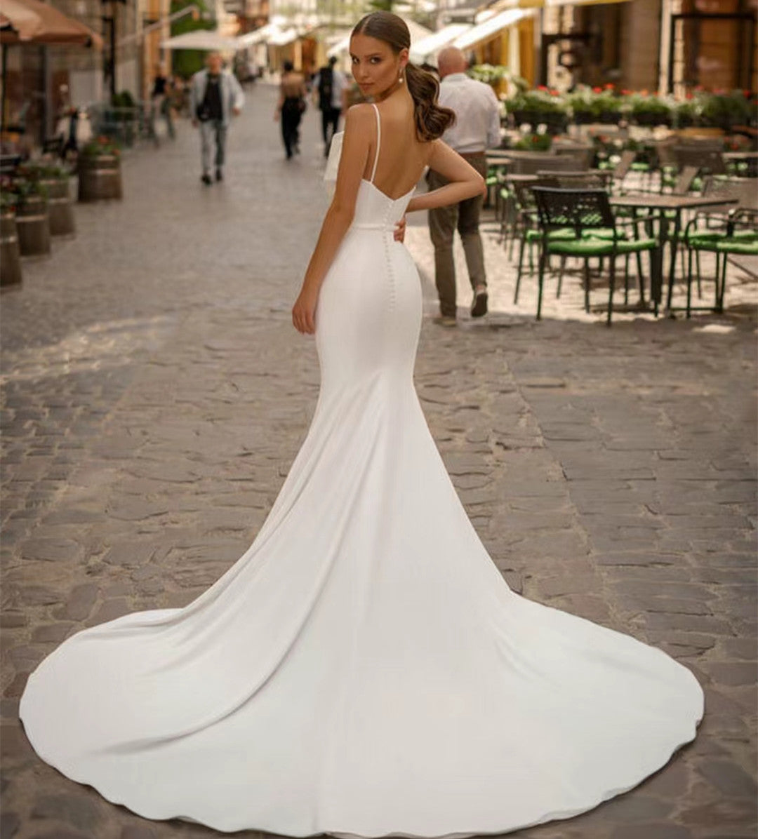 Elegant Long Satin Straight Neck Wedding Dresses Mermaid Spaghetti Straps Pleated Open Back Sweep Train Bridal Gowns for Women