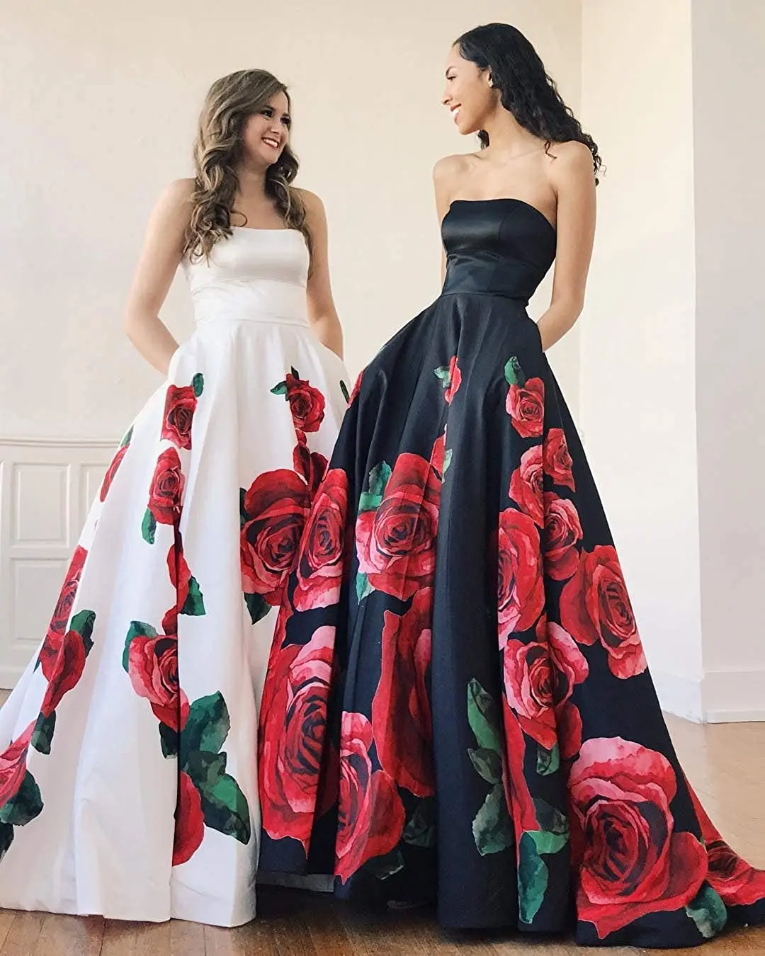 Elegant Long Strapless Floral Prom Dresses With Pockets A-Line Satin Lace Up Back Sweep Train Evening Dress for Women