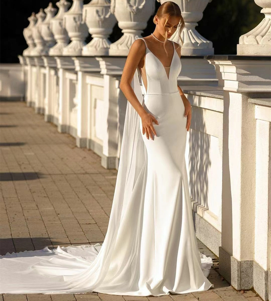 Elegant Long Crepe V-Neck Beaded Wedding Dresses With Cape Mermaid Ivory Sweep Train Bridal Gowns for Women