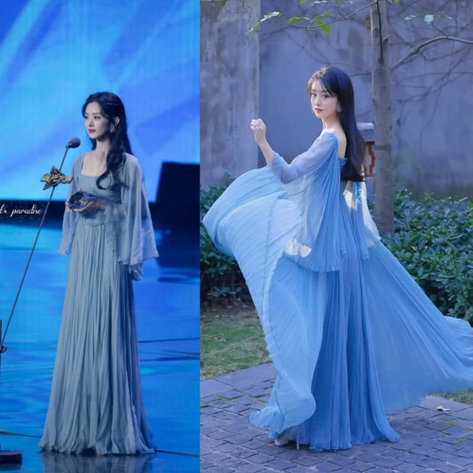 Elegant Long Light Blue Chiffon Celebrity Dresses A-Line Square Neck Pleated Floor Length Evening Dresses for Women