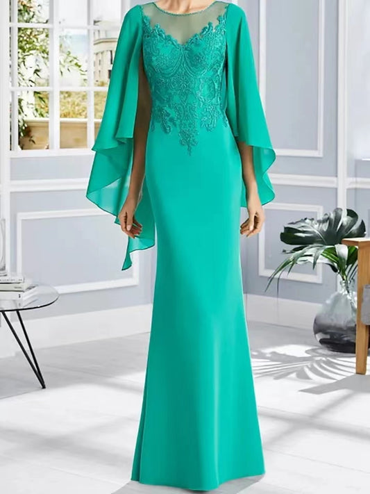 Vintage Long Green Shear Mother of the Brides/Groom Dresses With Cape Mermaid See Thourgh Back Floor Length Dresses for Wedding