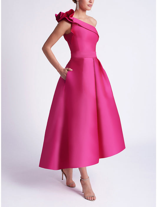 Classy Hi-Lo Satin Pink Mother of the Bride/Groom Dresses With Pockets A-Line One Shoulder Evening Dress for Women