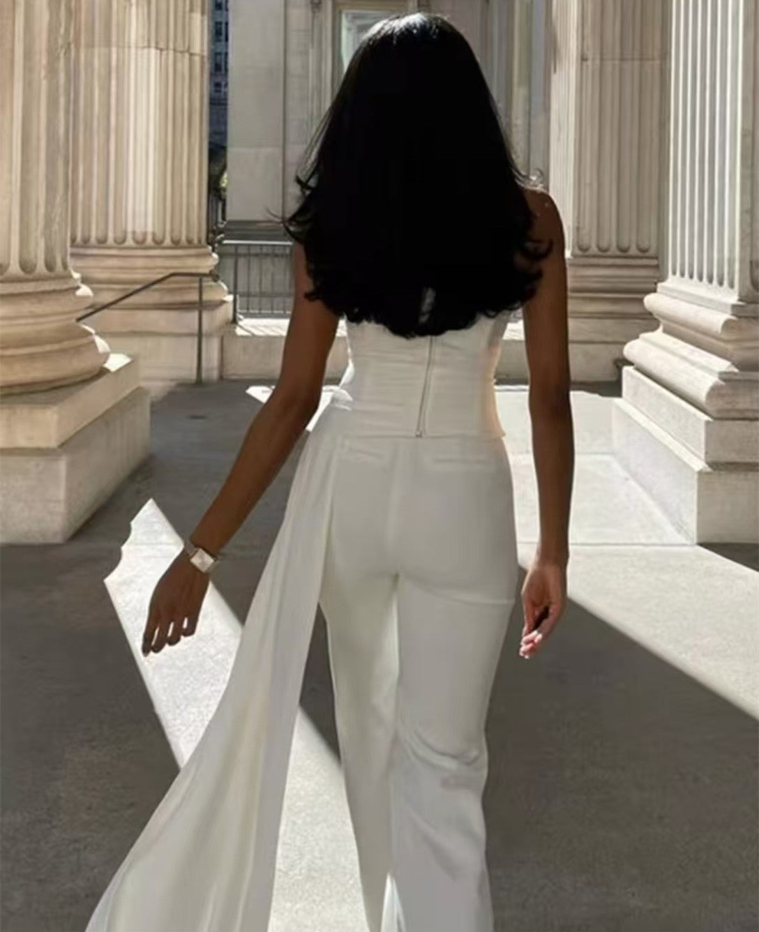 Elegant Long Strapless Crepe Pantsuit Wedding Dresses with Ribbon Sheath Floor Length Jumpsuit فساتين سهرة Wedding Guest Dress for Women