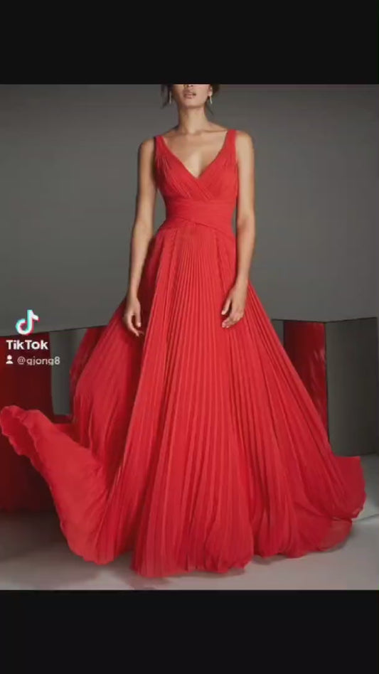 Elegant Long Red Chiffon Evening Dresses A-Line Pleated V-Neck Floor Length Prom Dresses for Women