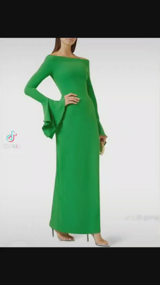 Classy Short Jewel Neck Green Evening Dresses Sheath Crepe Ankle Length Ruffled Long Sleeve Ramadan Dress