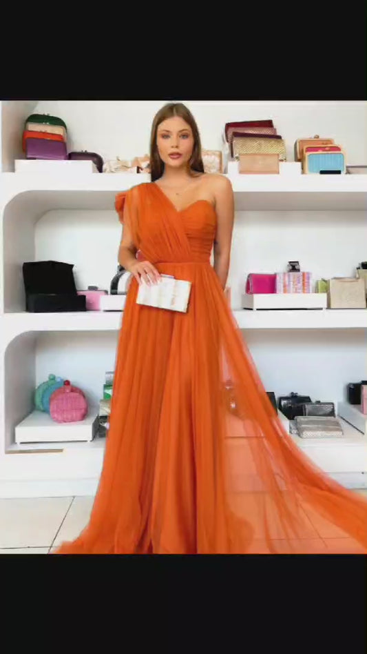 Elegant Long Orange One Shoulder Prom Dresses A-Line Pleated Tulle Floor Length Evening Dresses for Women