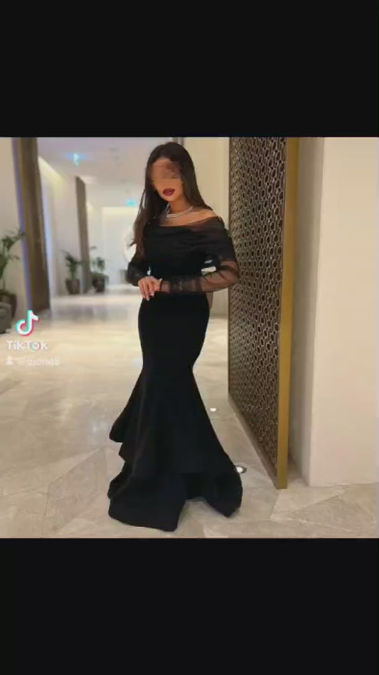 Elegant Long Sleeve Black Tulle Evening Dresses Mermaid Boat Neck Sweep Train Crepe Ramadan Dresses for Women