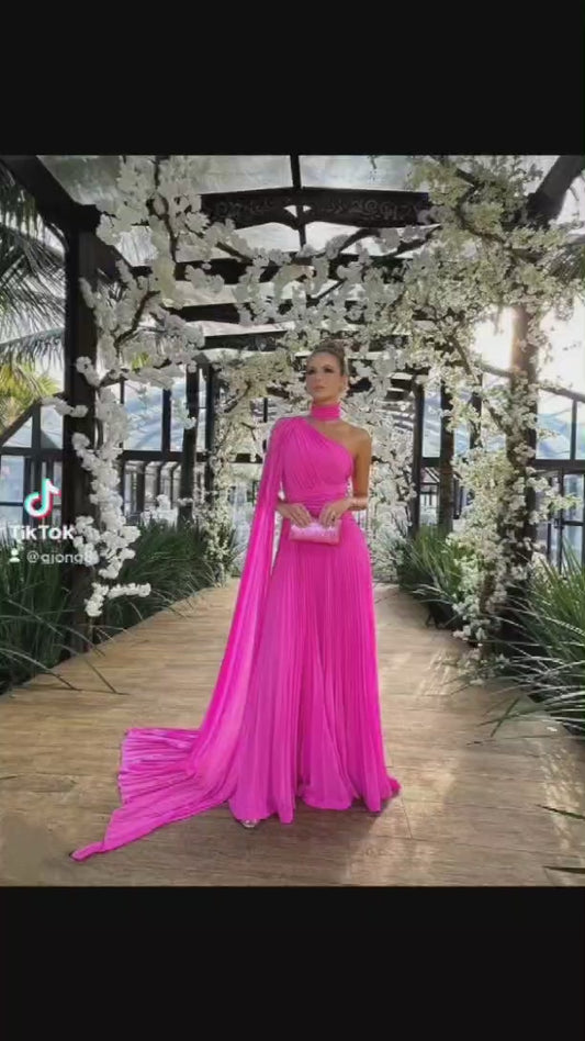 Elegant Long Chiffon Hot Pink Evening Dresses With Cape A-Line Halter Pleated Floor Length Prom Formal Party Dress for Women