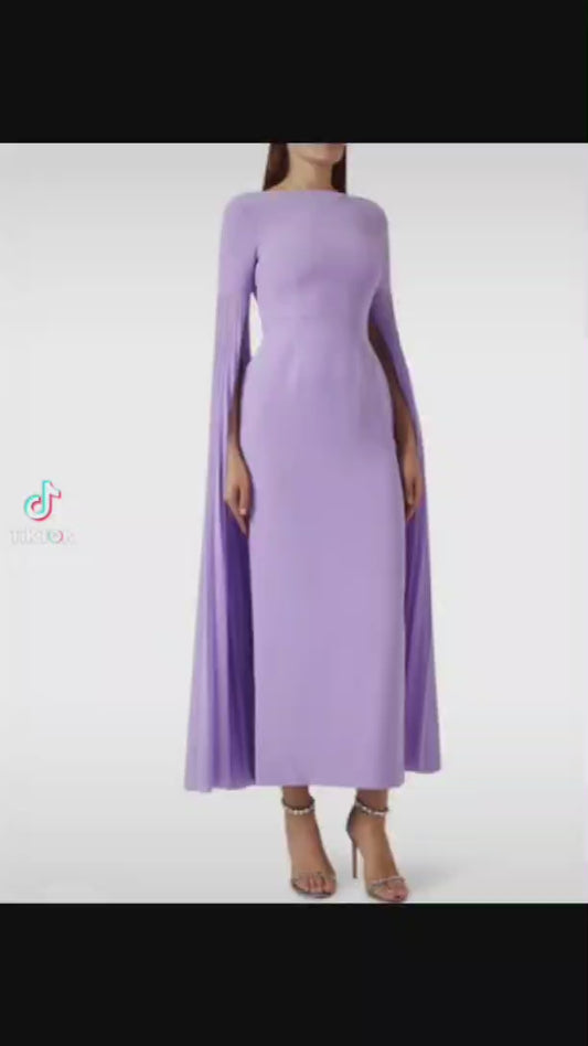 Vintage Long Sleeve Lilac EveningDresses With Slit Sheath Short Jewel Neck Zipper Back Ankle Length Ramadan Dress for Women