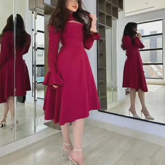 Classic Short Burgundy Crepe High Neck Evening Dresses A-Line Pleated إفننغ دريسس Tea Length Robes de Soirée for Women