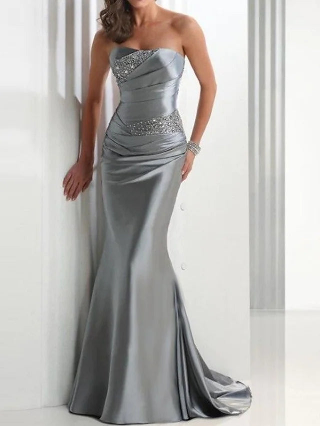 Elegant Mermaid Satin Long Mother of Bride Dresses Gray Wedding Guest Formal Sweetheart Lace Up Sweep Train Mother of Groom Dress